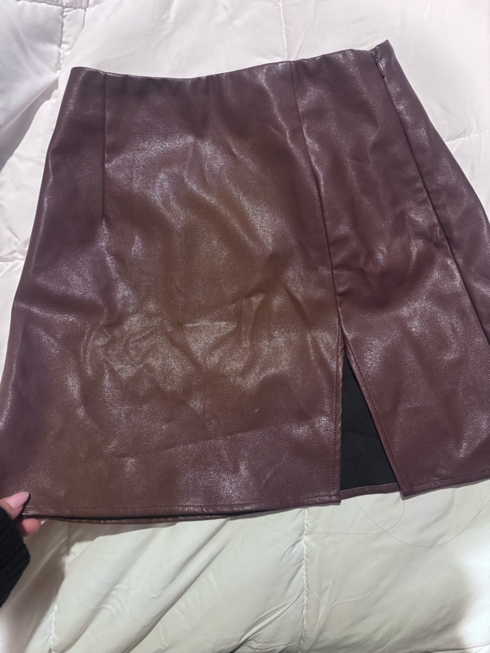 Chapter Faux Leather Mini Skirt in Chocolate Brown with Front Slit